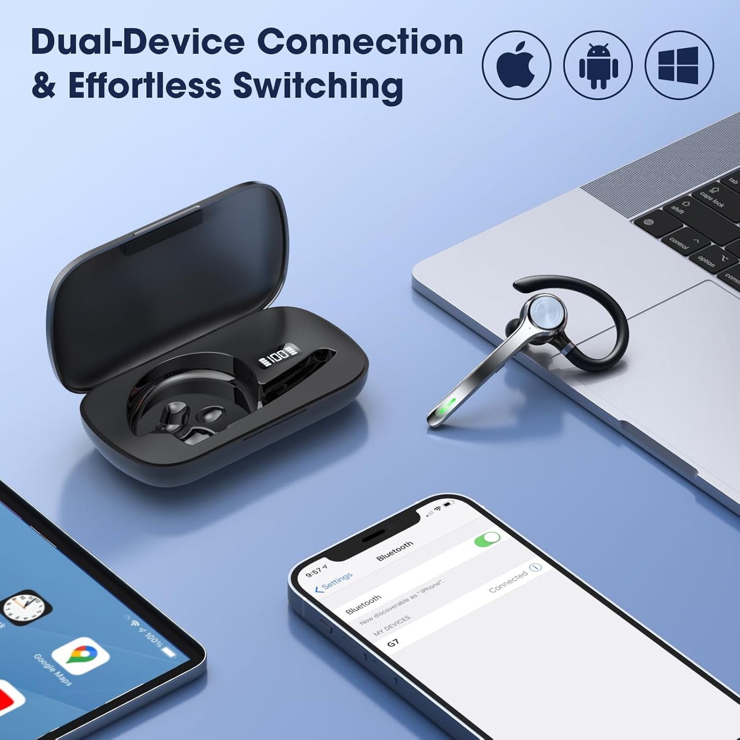 Auriculares Bluetooth, auricular inalámbrico con micrófono de cancelación de ruido mejorado, funda de carga de 500 mAh compatible con tiempo de conversación de 72 horas, auriculares manos libres con botón de silencio para computadora, teléfonos celulares,