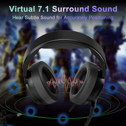 Jeecoo V20U - Auriculares USB Pro para juegos para PC, auriculares de sonido envolvente 7.1 con micrófono con cancelación de ruido, almohadillas de espuma viscoelástica para computadoras portátiles