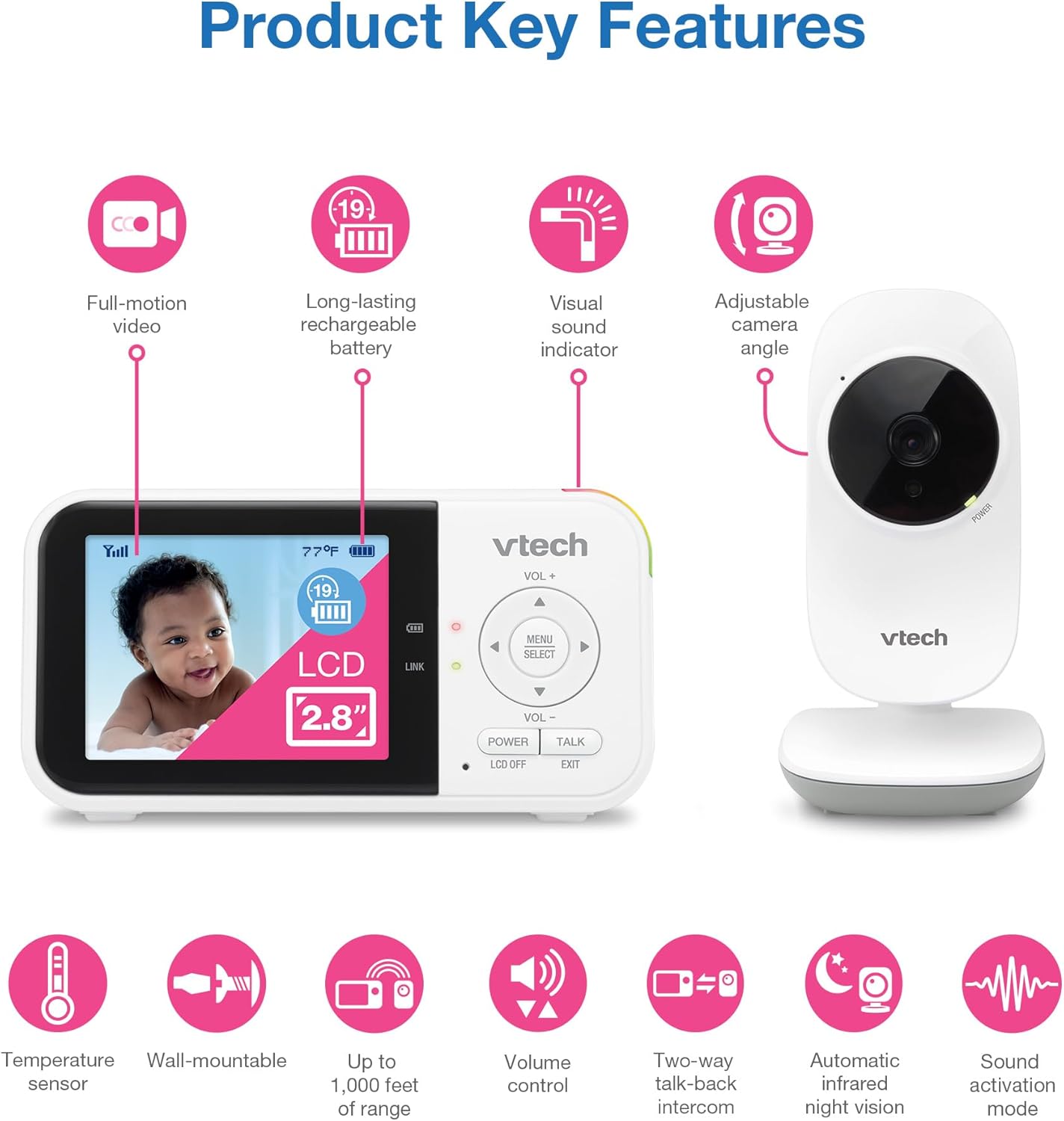 VTech VM819 - Monitor de bebé con cámara y audio, cámara portátil d...