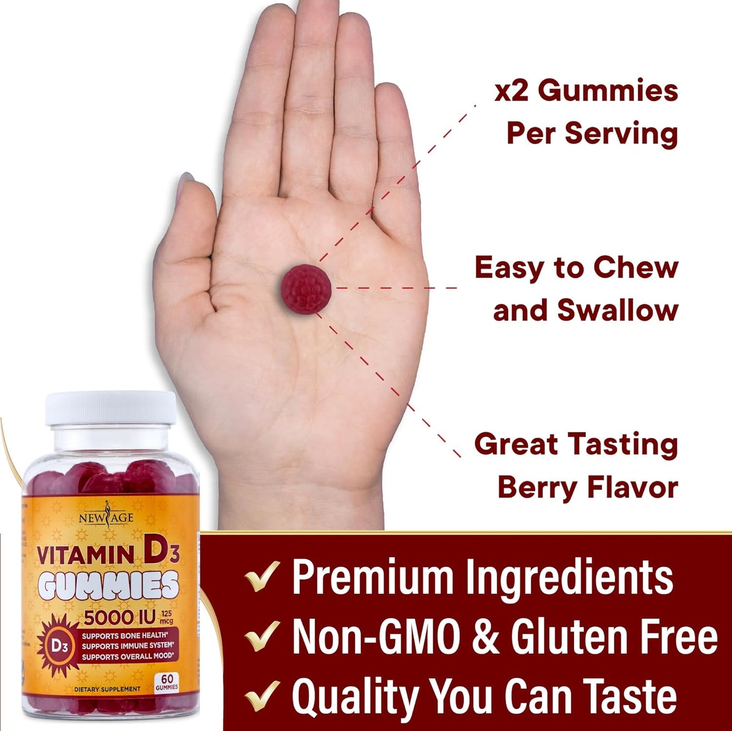 NEW AGE Gomitas de vitamina D3 de 5000 UI de 125 mcg, suplemento in...