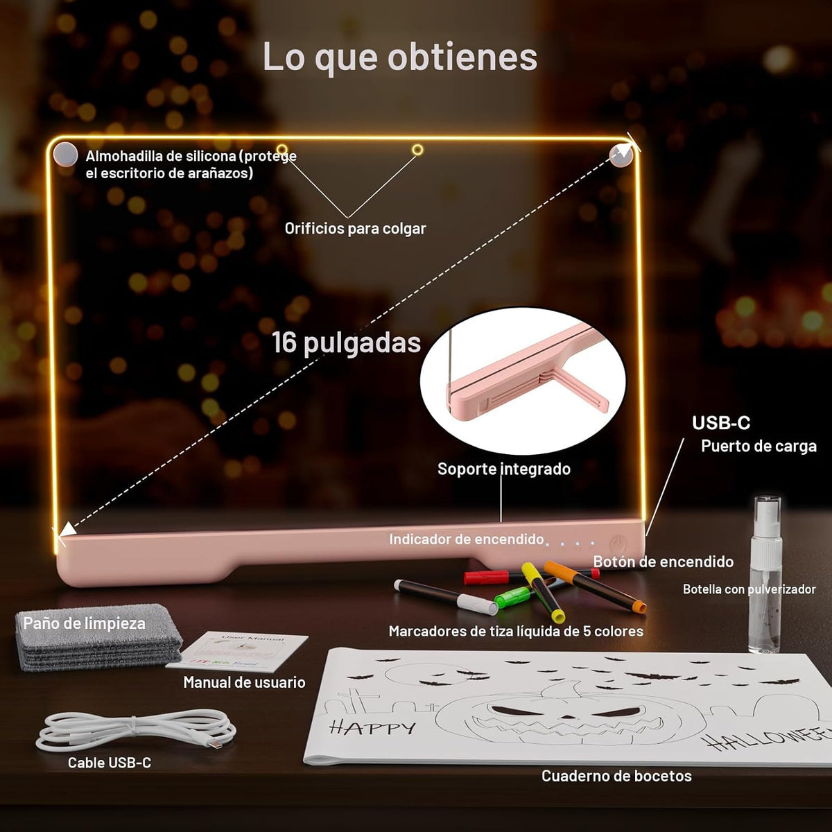 Geokay Tablero de dibujo LED recargable de 16" con efectos de l...