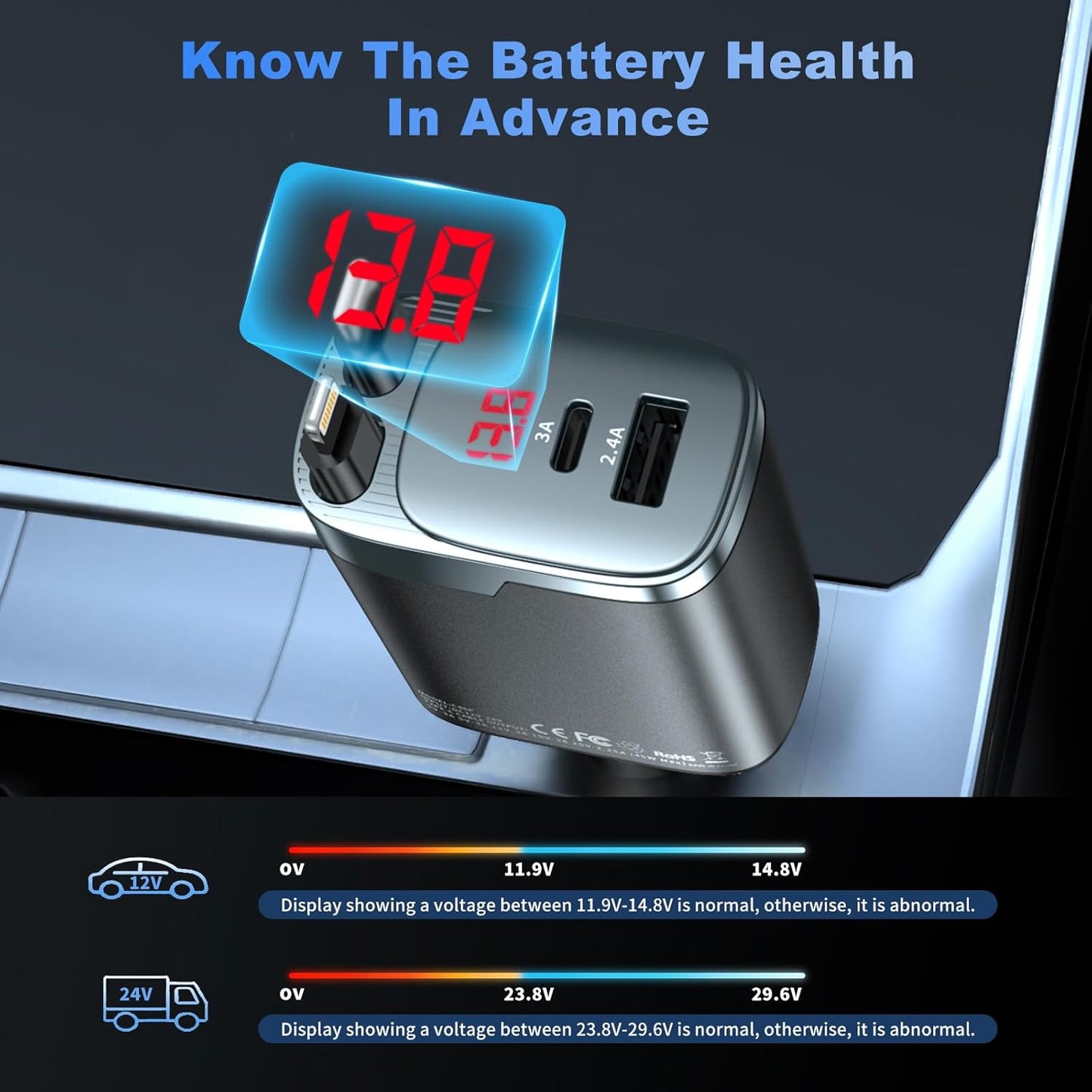 Cargador de coche retráctil, cargador de coche de 84 W USB C 4 en 1, accesorios de automóvil, adaptador de cargador de coche de carga rápida para iPhone 17 16 15 14 13 12 Pro Max, Samsung, Pixel |