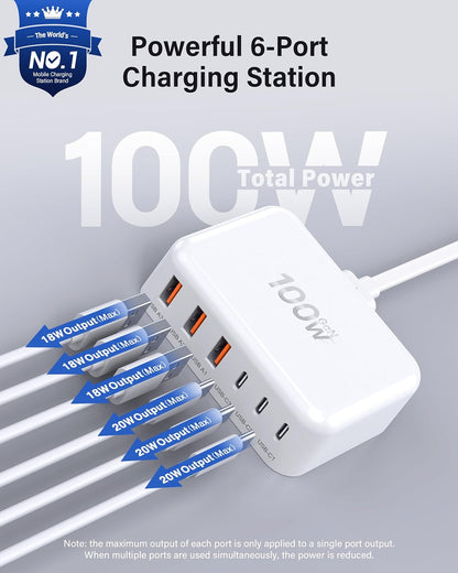 Cargador rápido USB C, bloque de estación de carga de 100W GaN de 6...