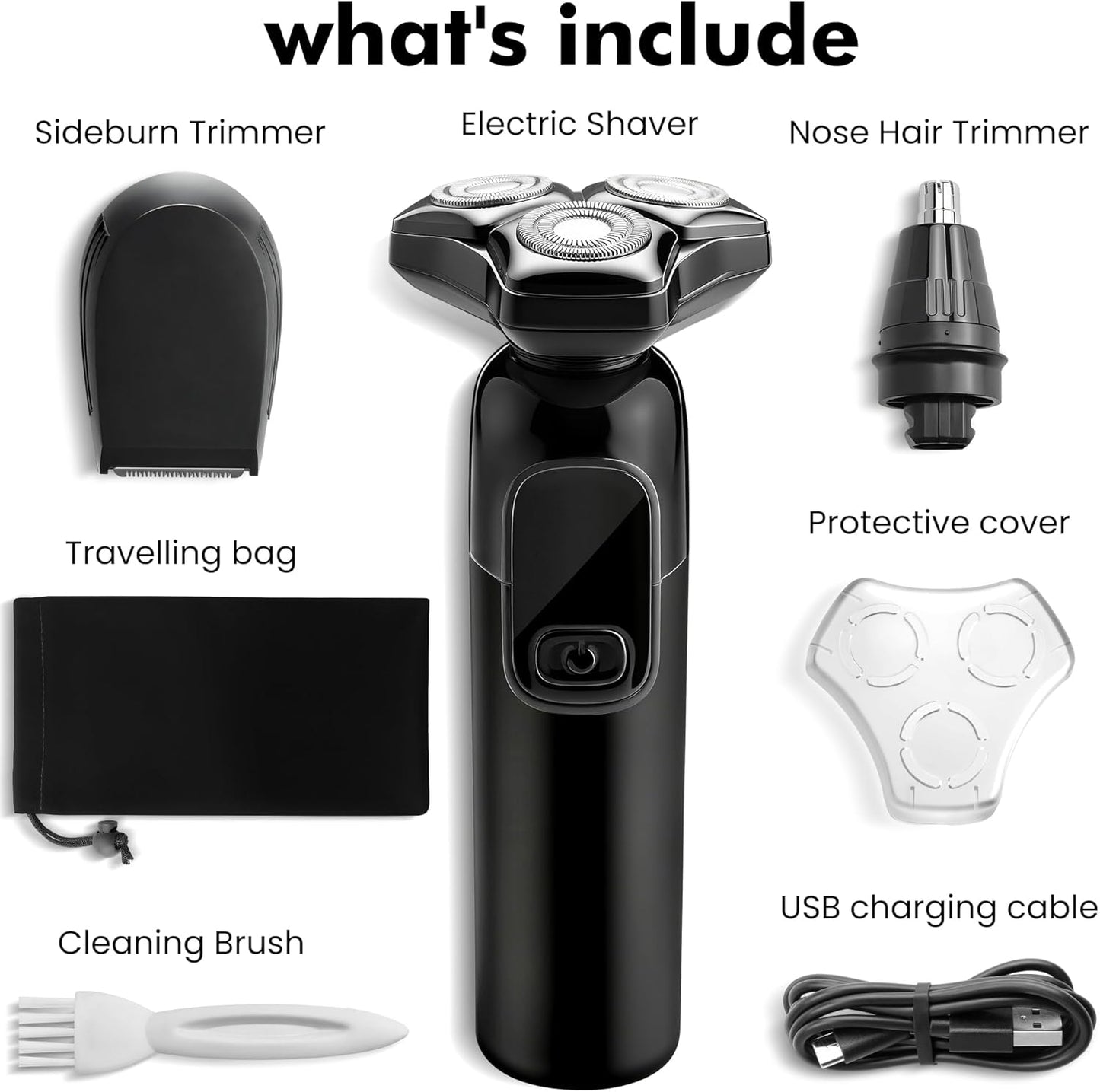 Maquinilla de afeitar eléctrica para hombres Flynth 3 en 1, afeitadora inalámbrica giratoria de 3 cuchillas húmeda/seca para barba, nariz y cara, IPX7, impermeable, carga rápida, recortadora de viaje
