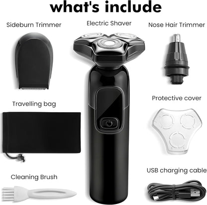 Maquinilla de afeitar eléctrica para hombres Flynth 3 en 1, afeitadora inalámbrica giratoria de 3 cuchillas húmeda/seca para barba, nariz y cara, IPX7, impermeable, carga rápida, recortadora de viaje