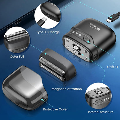 Brightup Afeitadoras eléctricas de aluminio para hombres, mini maquinilla de afeitar eléctrica para afeitarse la cara, afeitadora compacta de viaje con cuchillas flotantes, maquinilla de afeitar impermeable en húmedo y seco recargable por USB C