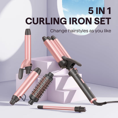Wavytalk Juego de rizadores 5 en 1, juego de rizadores de doble voltaje con 5 barriles intercambiables incluidos un cepillo térmico, un rizador de cabello y 3 varitas rizadoras de cerámica (0.5 a 1.25