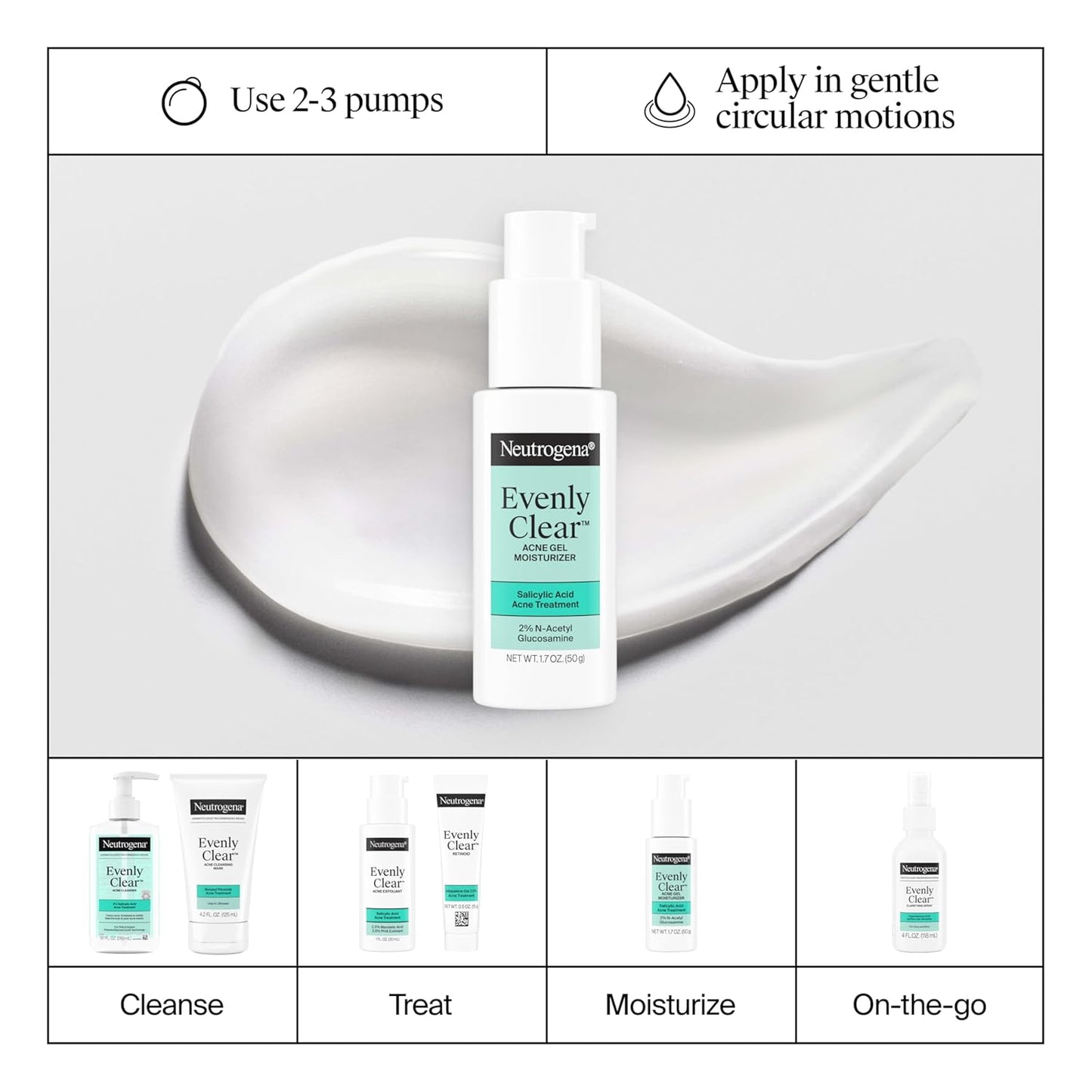 Neutrogena Hidratante de gel para acné uniformemente transparente con ácido salicílico y N-acetil glucosamina, hidratante facial ligero y no grasoso que ayuda a tratar brotes y desvanecer visiblemente