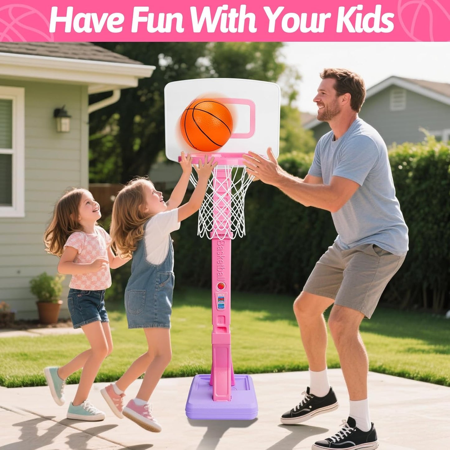 Aro de baloncesto para niños pequeños rosa para interiores y exteriores, edad 1-3 años, aro de baloncesto ajustable para niños con 3 pelotas, portería de baloncesto para niñas, juguetes