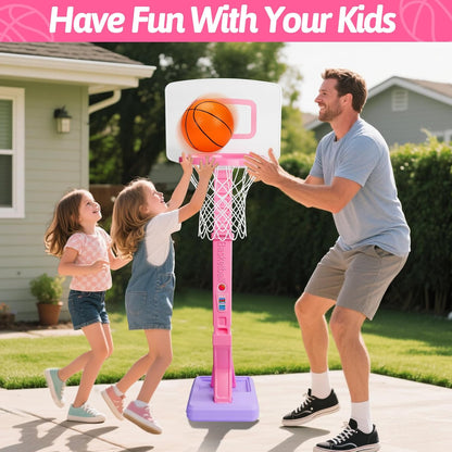 Aro de baloncesto para niños pequeños rosa para interiores y exteriores, edad 1-3 años, aro de baloncesto ajustable para niños con 3 pelotas, portería de baloncesto para niñas, juguetes