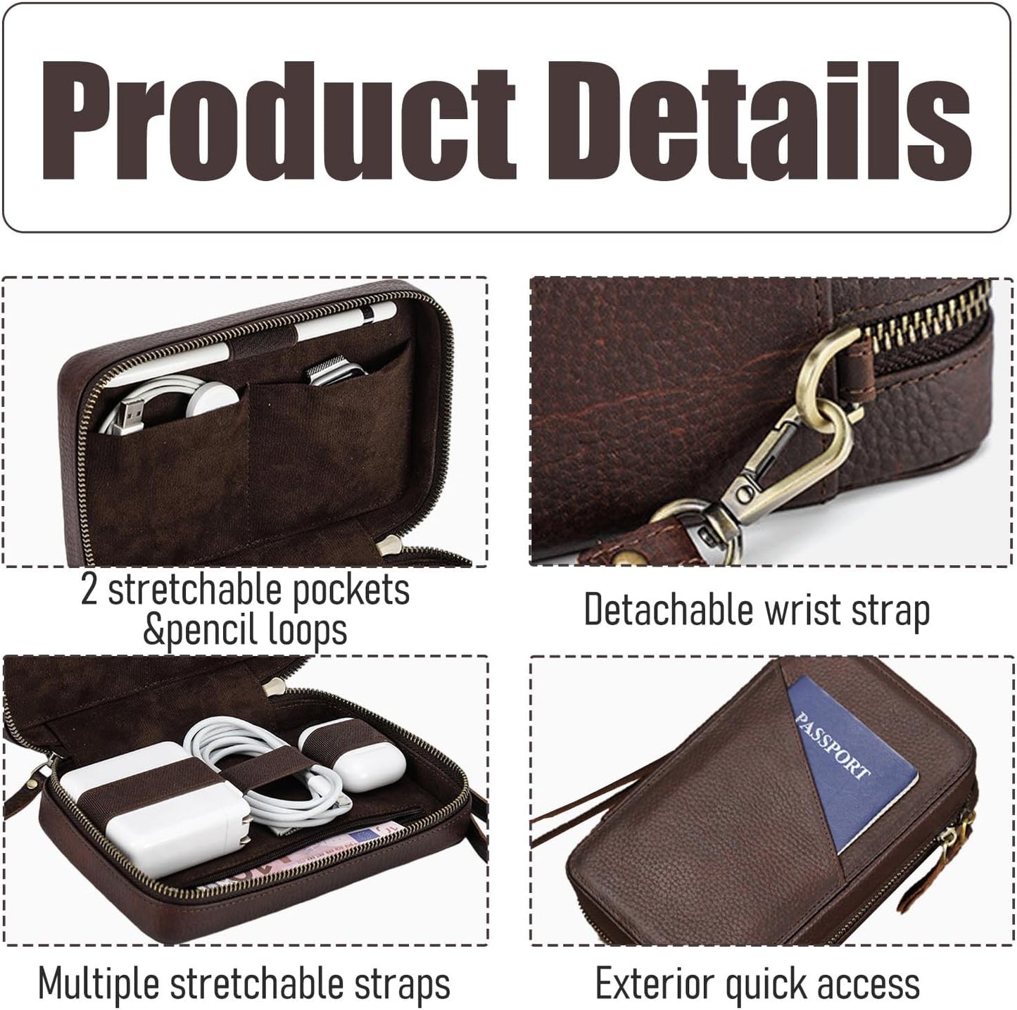 Caja de almacenamiento de accesorios electrónicos de cuero de grano completo, bolsa organizadora de cables de viaje, estuche enrollable con cremalleras, organizador técnico de cuero para banco