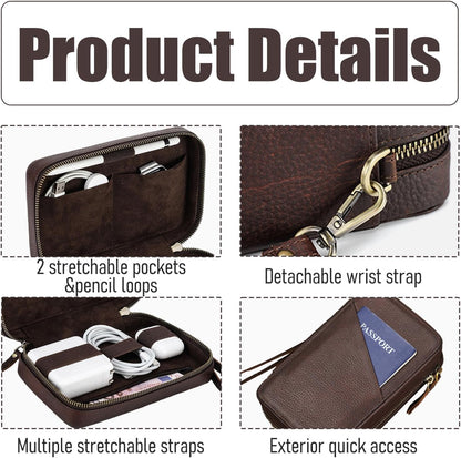 Caja de almacenamiento de accesorios electrónicos de cuero de grano completo, bolsa organizadora de cables de viaje, estuche enrollable con cremalleras, organizador técnico de cuero para banco