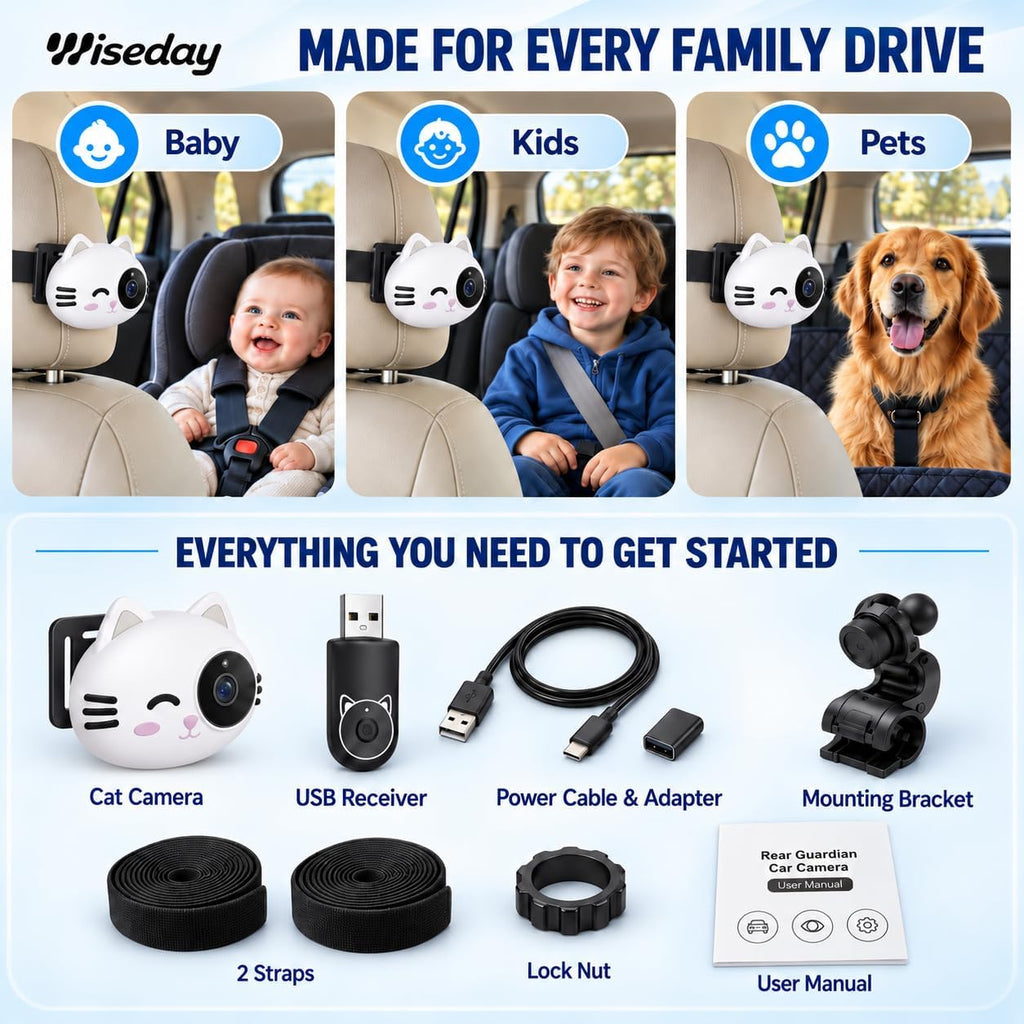 Wiseday Cámara de coche de bebé 2 en 1 y adaptador inalámbrico CarP...