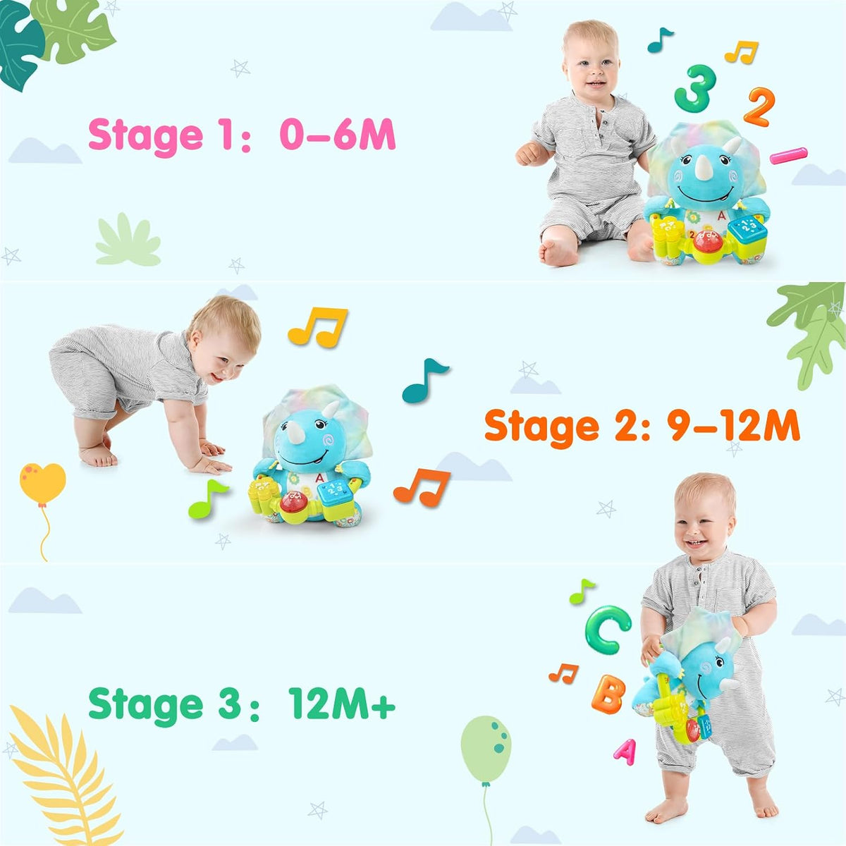 Ryotagift Juguetes de dinosaurios musicales bilingües para bebés, a...