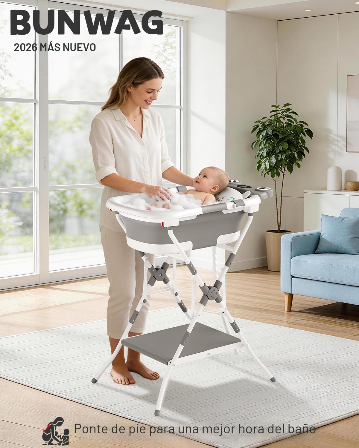 BUNWAG Bañera plegable para bebé con soporte, bañera portátil 2 en...