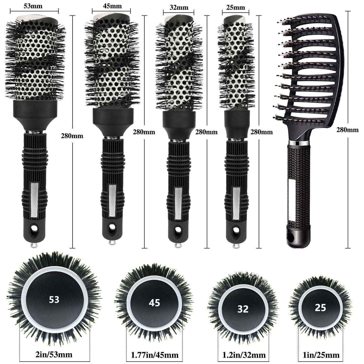 Cepillo redondo para secado con cerdas de jabalí, juego de cepillos térmicos de cerámica y tecnología iónica L+Samll redondo para niñas/mujeres, peluquería y peinado, ideal para rizar cabello corto y largo