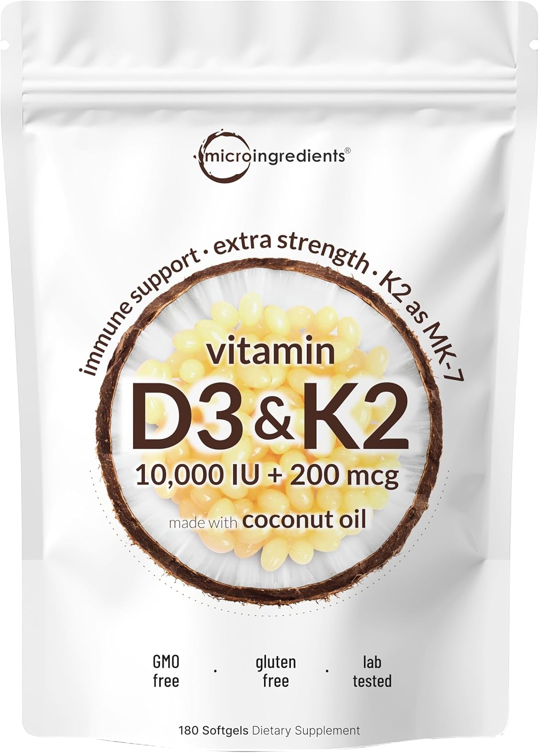 Micro Ingredients Vitamina D3 10,000 UI + K2 MK-7 200 mcg, 180 cáps...