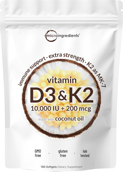 Micro Ingredients Vitamina D3 10,000 UI + K2 MK-7 200 mcg, 180 cáps...