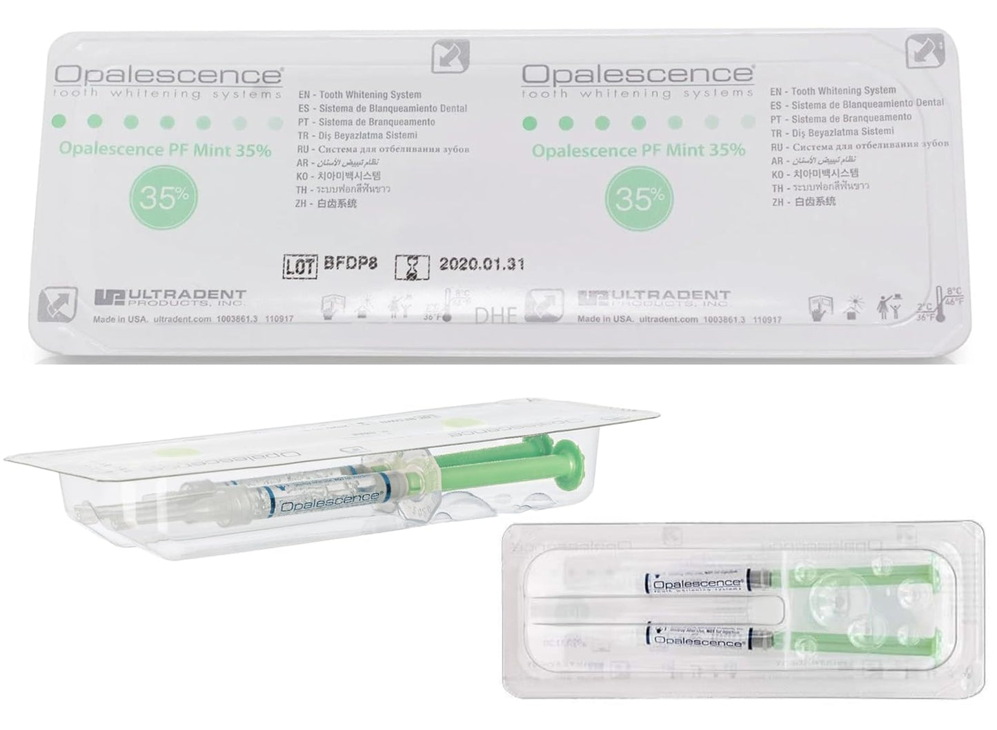 Opalescence 35% CP Mint - Jeringas de gel para blanquear los dientes - Kit de recarga (4 jeringas en total) Gel de peróxido de carbamida. Fabricado por Ultradent. Jeringas de repuesto para