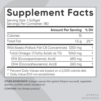Sports Research® Omega-3 Aceite de Pescado 1250 - Suplemento de Ace...