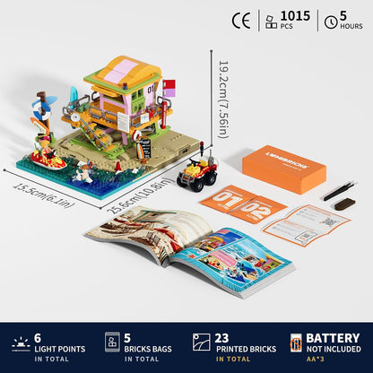 Juego de ladrillos de construcción de torre de salvavidas de playa, 1015 piezas, torre de salvavidas para viajes por carretera, juego de modelo de construcción para adultos y amantes de los