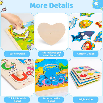 Rompecabezas de madera con clavos para niños pequeños de 2, 3 y 4 años, 4 paquetes de juguetes Montessori para preescolar, rompecabezas de aprendizaje para niños pequeños de 1 a 3 años con animales