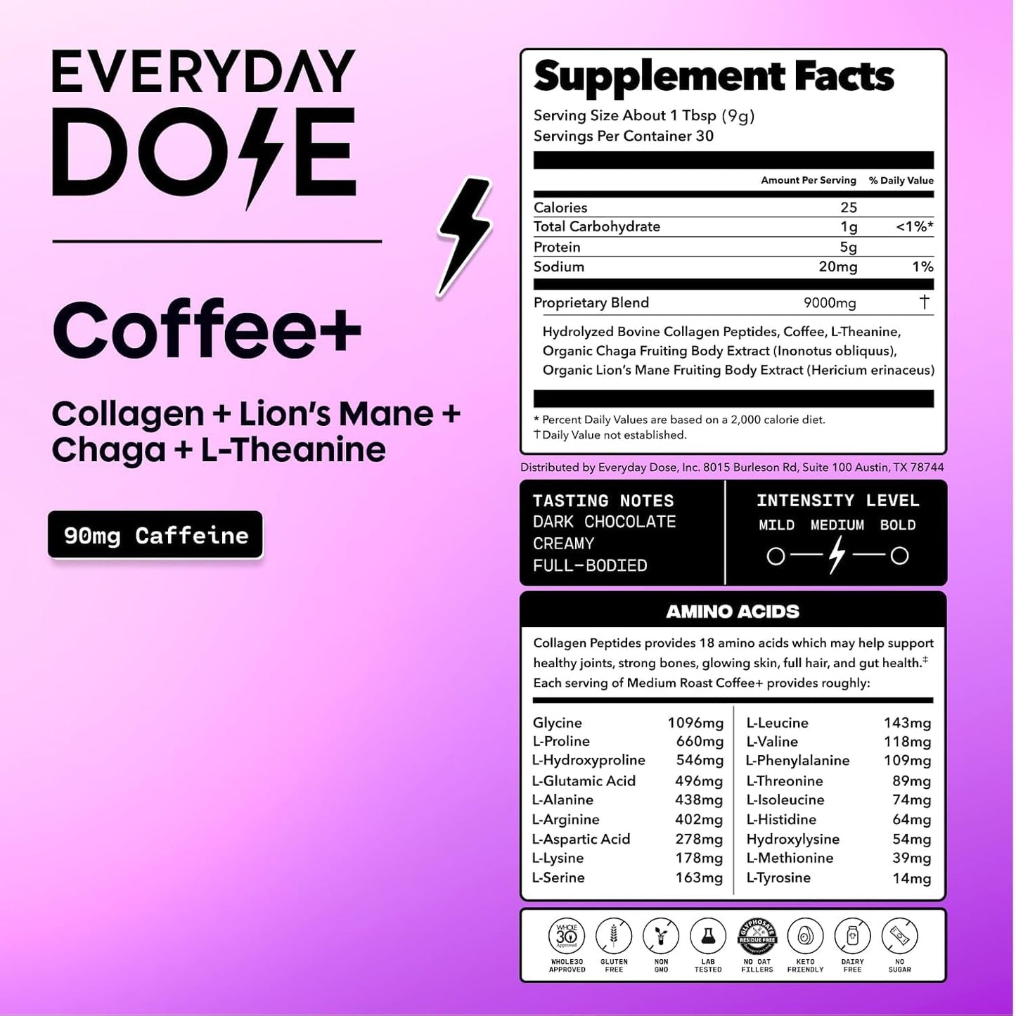 Everyday Dose Bold - Café de hongos de tostado medio, 90 mg de cafe...