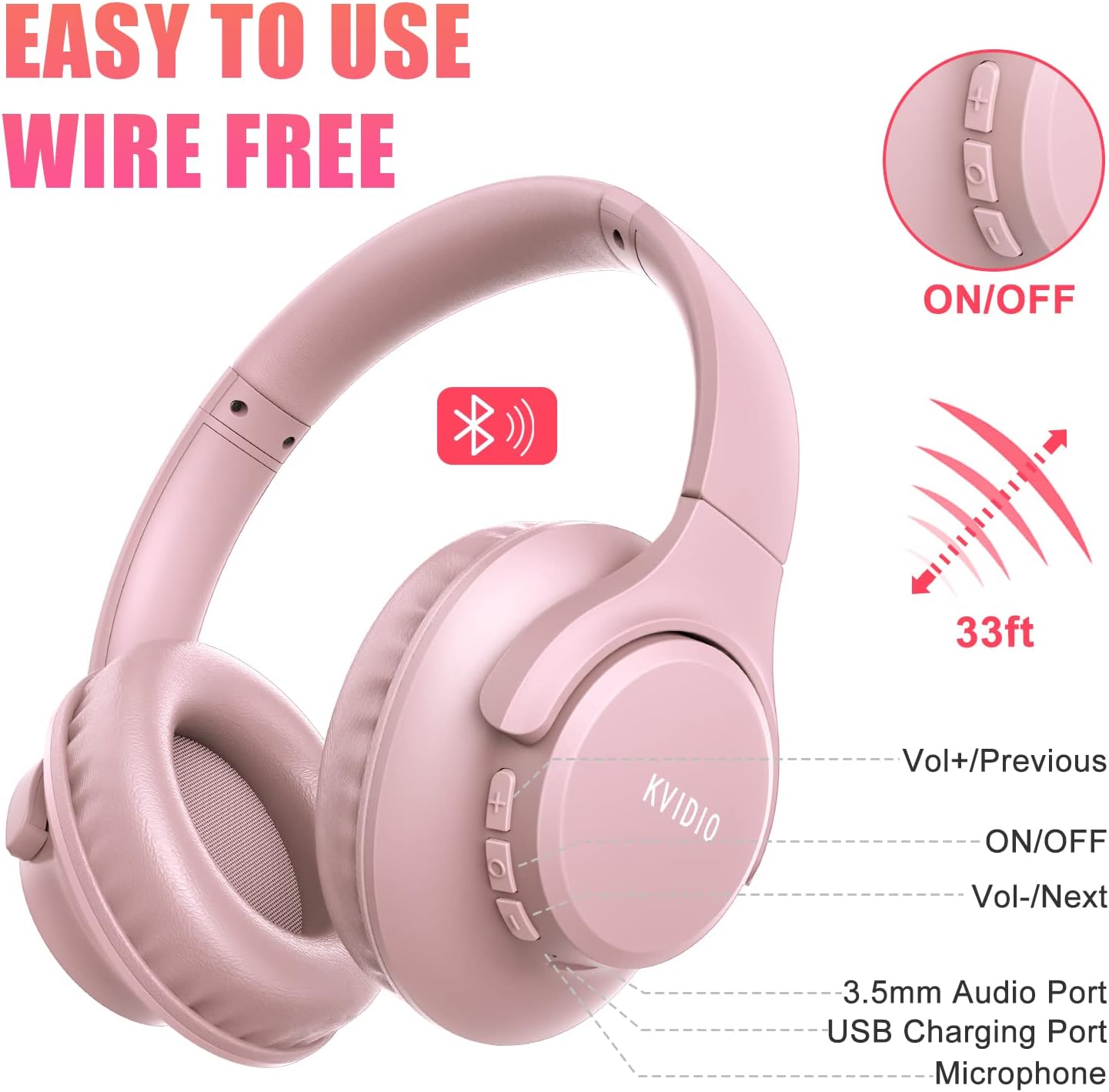 KVIDIO Auriculares Bluetooth sobre la oreja, 65 horas de reproducci...