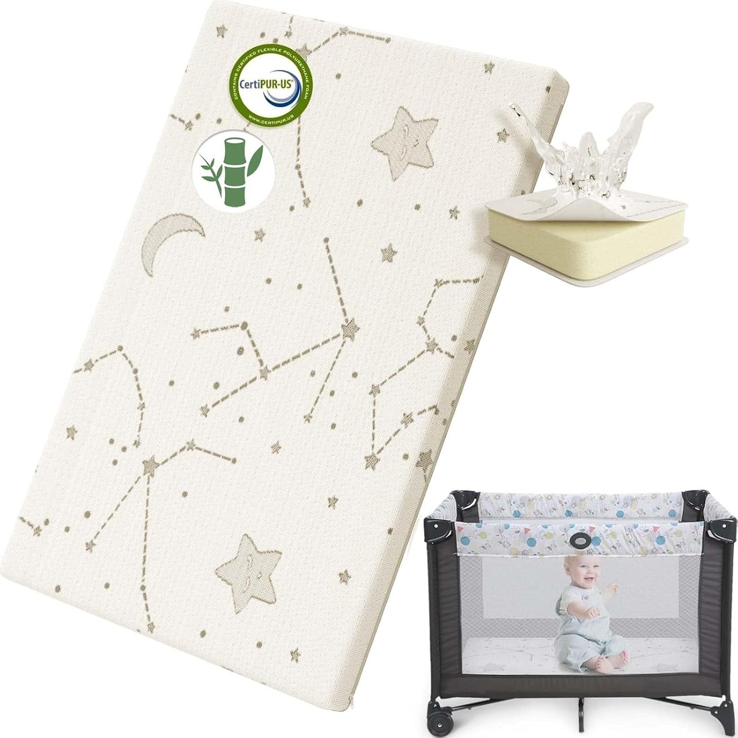 YENING Colchón de bambú Pack and Play, transpirable, 38 x 26 pulgad...