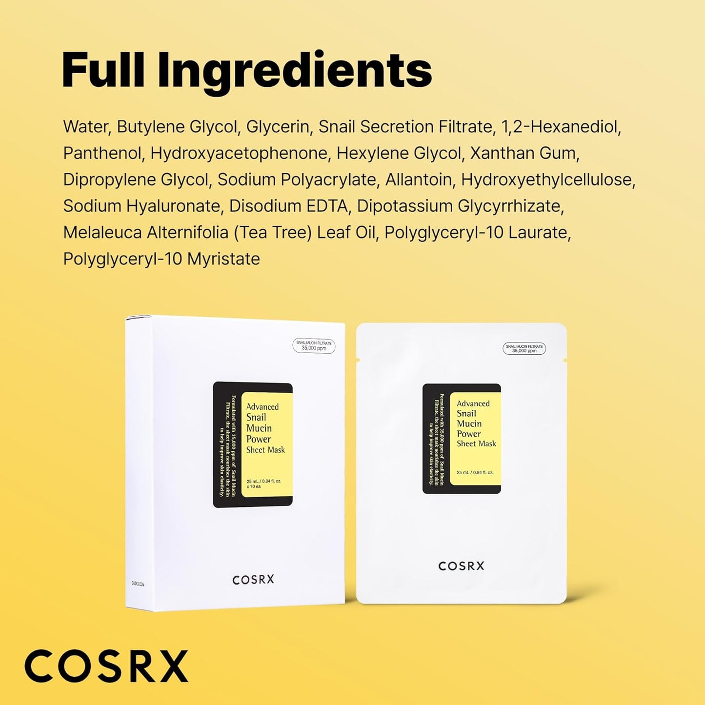 COSRX Máscara de hoja de mucina de caracol 10 EA, máscara facial sin enjuague de esencia de caracol para piel seca, propensa al acné, piel sensible, filtrado de secreción de caracol, no probado en