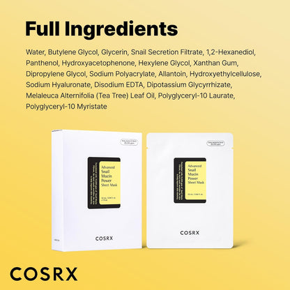 COSRX Máscara de hoja de mucina de caracol 10 EA, máscara facial sin enjuague de esencia de caracol para piel seca, propensa al acné, piel sensible, filtrado de secreción de caracol, no probado en
