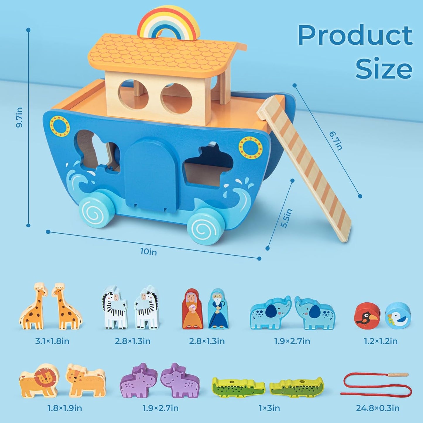 Arca de Noé de madera con clasificador de formas de animales, regalos de bautismo para niños de 1, 2, 3, 4 años, juguetes Montessori para niños pequeños, regalos de bautismo para niños y
