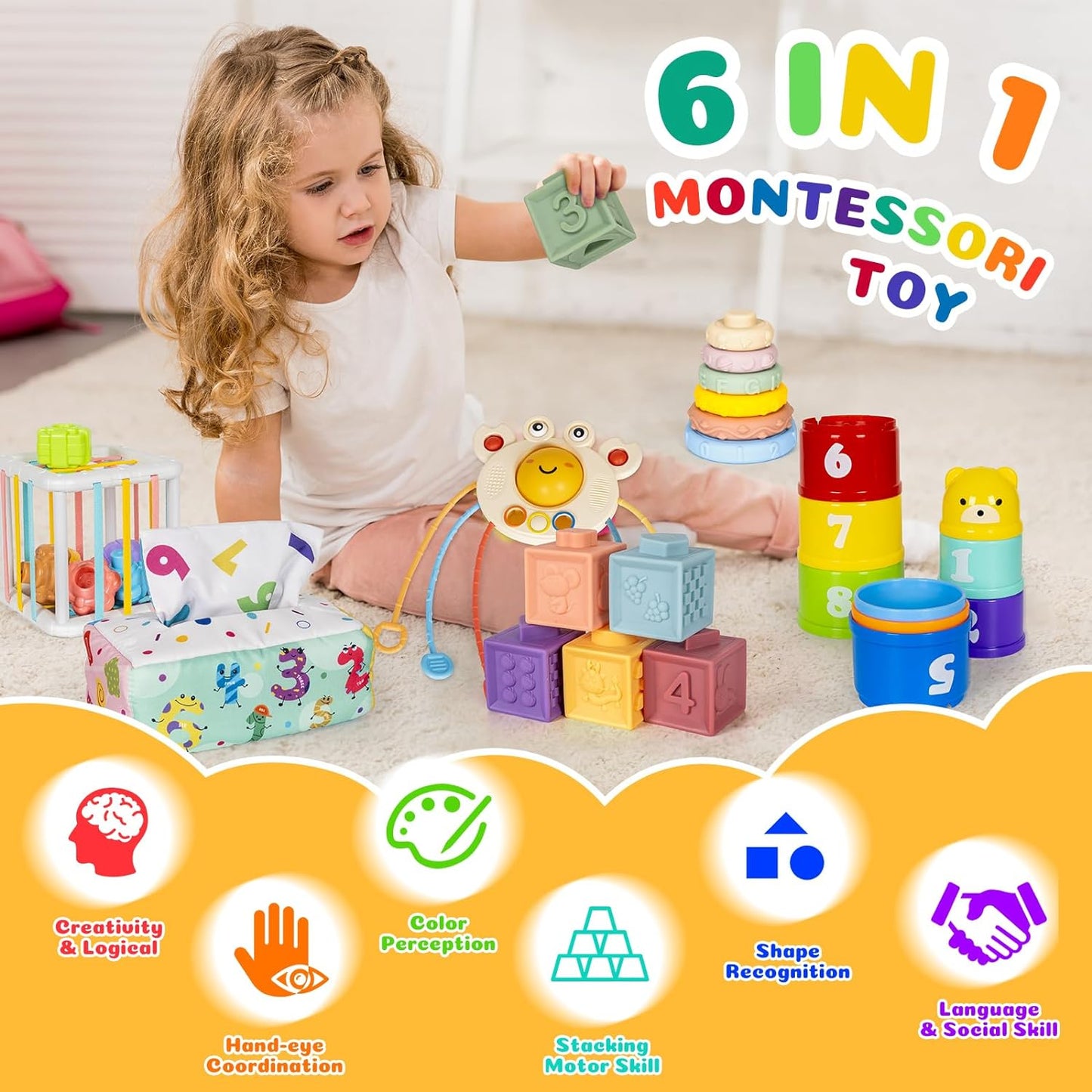 GJOF2YK Juguetes Montessori 6 en 1 para bebés recién nacidos, bloqu...