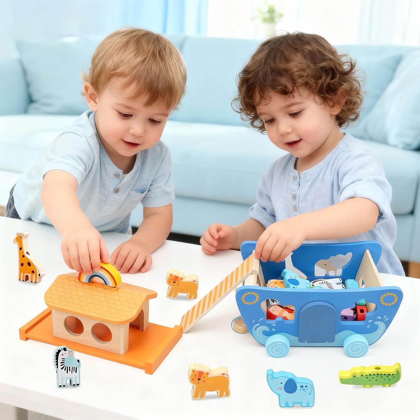 Arca de Noé de madera con clasificador de formas de animales, regalos de bautismo para niños de 1, 2, 3, 4 años, juguetes Montessori para niños pequeños, regalos de bautismo para niños y