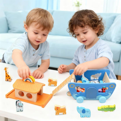 Arca de Noé de madera con clasificador de formas de animales, regalos de bautismo para niños de 1, 2, 3, 4 años, juguetes Montessori para niños pequeños, regalos de bautismo para niños y