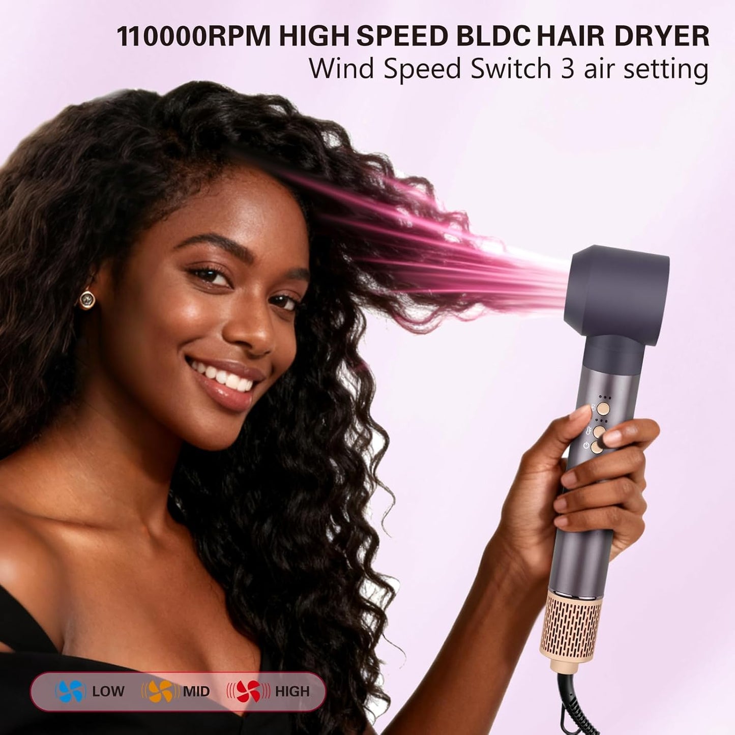 Motor BLDC de alta velocidad 7 en 1 para estilizador de aire caliente, 110000 RPM con rizador redondo de envoltura automática izquierda/derecha, cepillo ovalado, cepillo alisador, boquilla de aire de