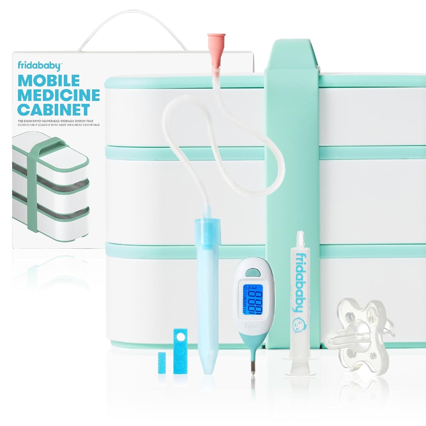 Frida Baby - Kit de viaje para botiquín móvil, set de regalo esencial para bebés, incluye NoseFrida Snotsucker, termómetro rectal, dispensador de medicamentos MediFrida con estuche de transporte portátil