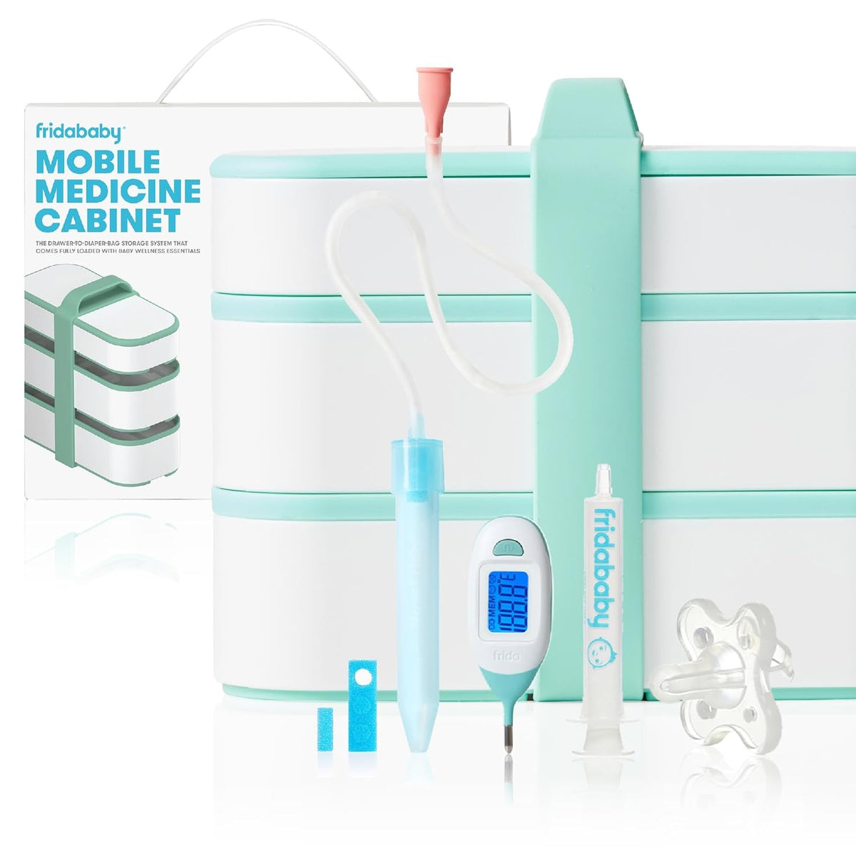 Frida Baby - Kit de viaje para botiquín móvil, set de regalo esencial para bebés, incluye NoseFrida Snotsucker, termómetro rectal, dispensador de medicamentos MediFrida con estuche de transporte portátil