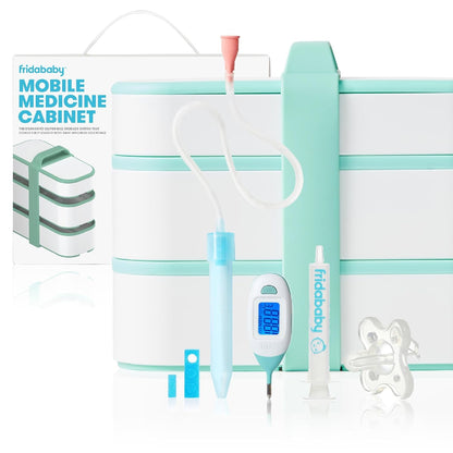 Frida Baby - Kit de viaje para botiquín móvil, set de regalo esencial para bebés, incluye NoseFrida Snotsucker, termómetro rectal, dispensador de medicamentos MediFrida con estuche de transporte portátil