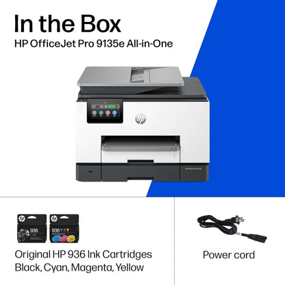 HP OfficeJet Pro 9135e Impresora inalámbrica todo en uno a color por inyección de tinta, imprime, escanea, copia, fax, ADF, impresión a doble cara ideal para la oficina, prueba de 3 meses de tinta