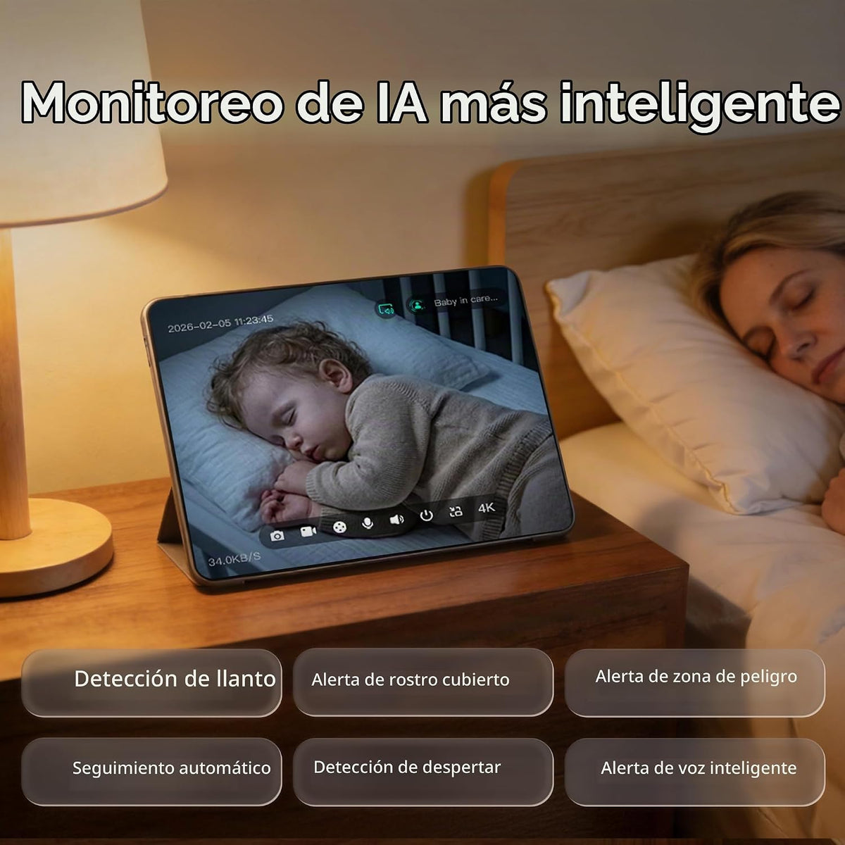 Monitor para bebés Monai Pro 4K Smart WiFi con cámara y audio, sopo...