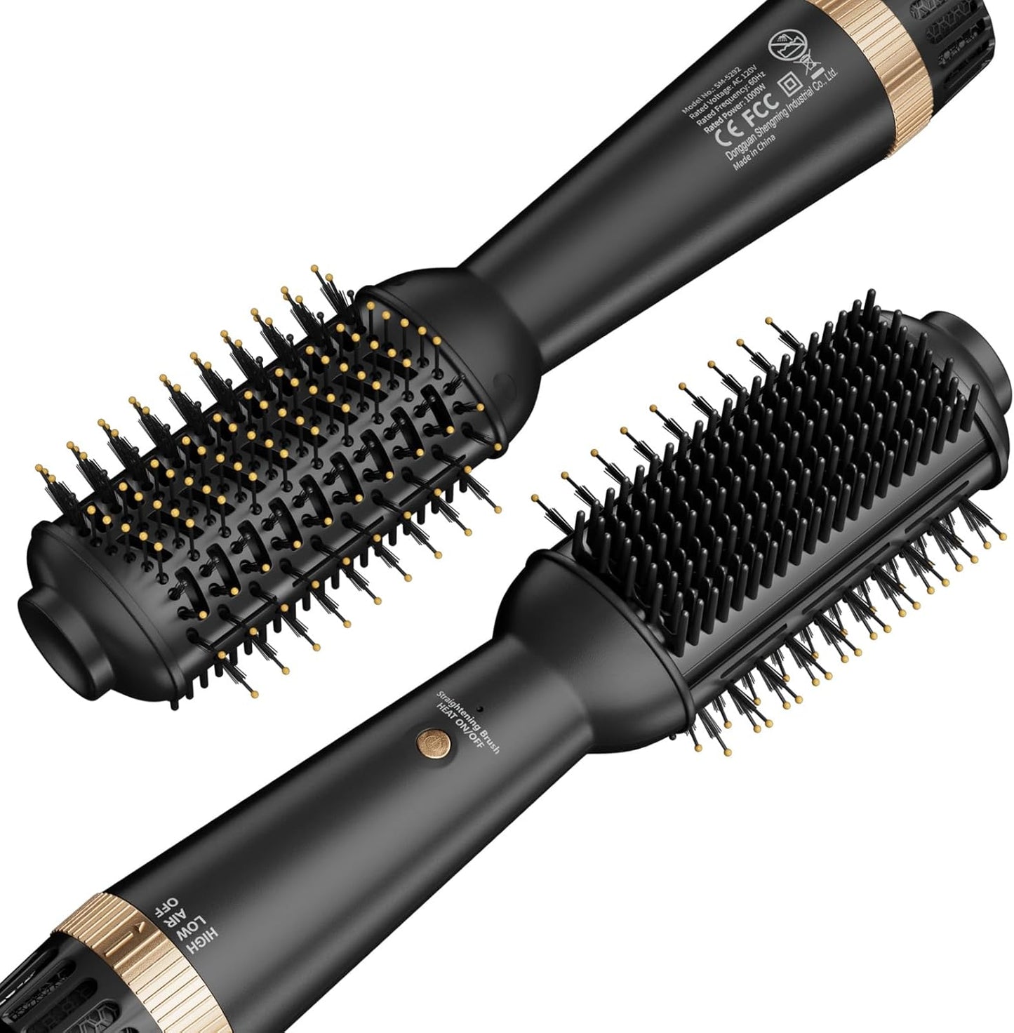 Plancha plana de 110-120 V con cepillo calentado para alisar el cabello, secador de cepillo de soplado de un solo paso para cabello negro, cepillo de aire caliente de barril ovalado de 2.362 in para