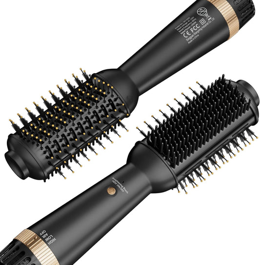 Plancha plana de 110-120 V con cepillo calentado para alisar el cabello, secador de cepillo de soplado de un solo paso para cabello negro, cepillo de aire caliente de barril ovalado de 2.362 in para