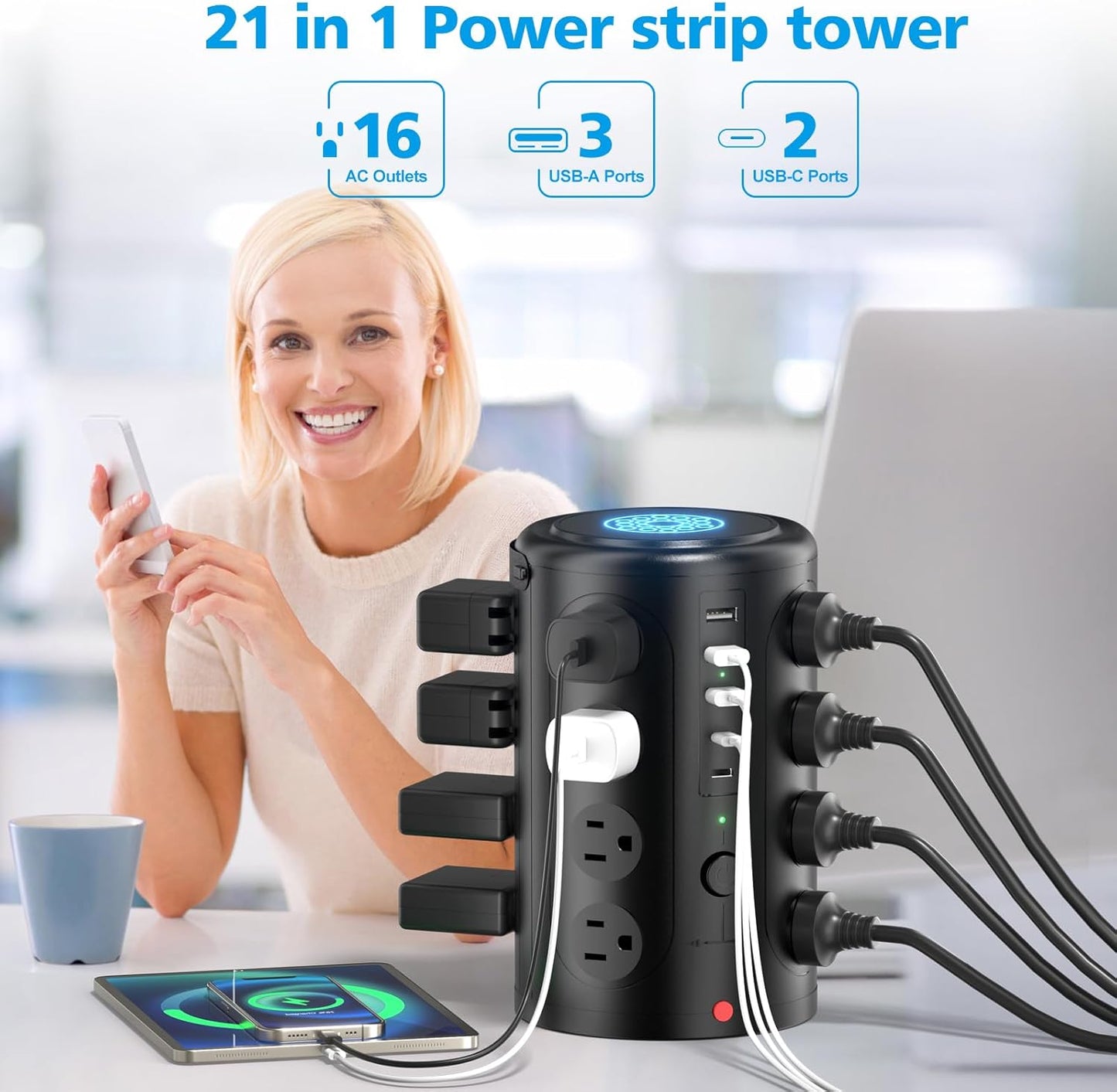 Regleta de alimentación en torre con cargador inalámbrico de 15 W,...