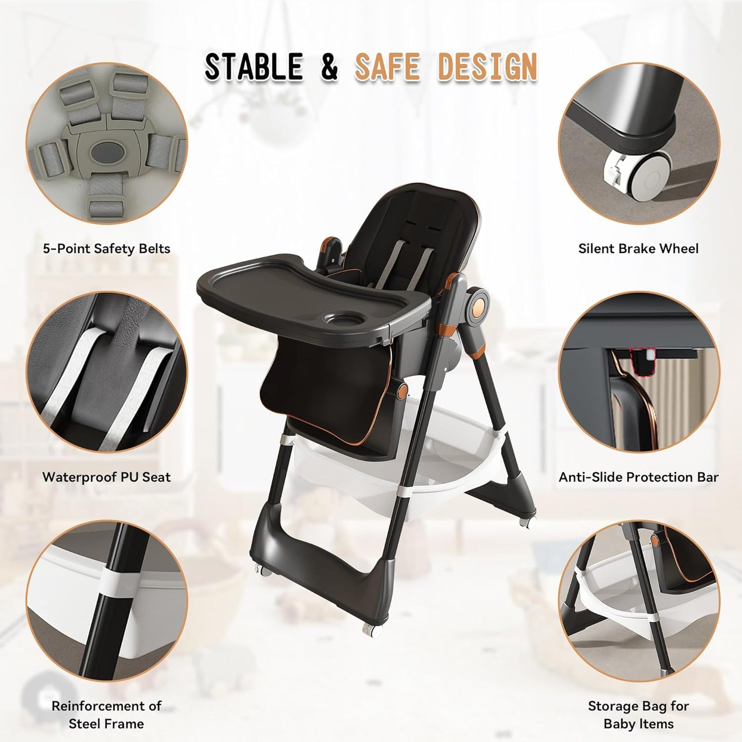SmartEdge Silla Alta para Bebé con Ruedas, Sillas Altas Plegables 3...