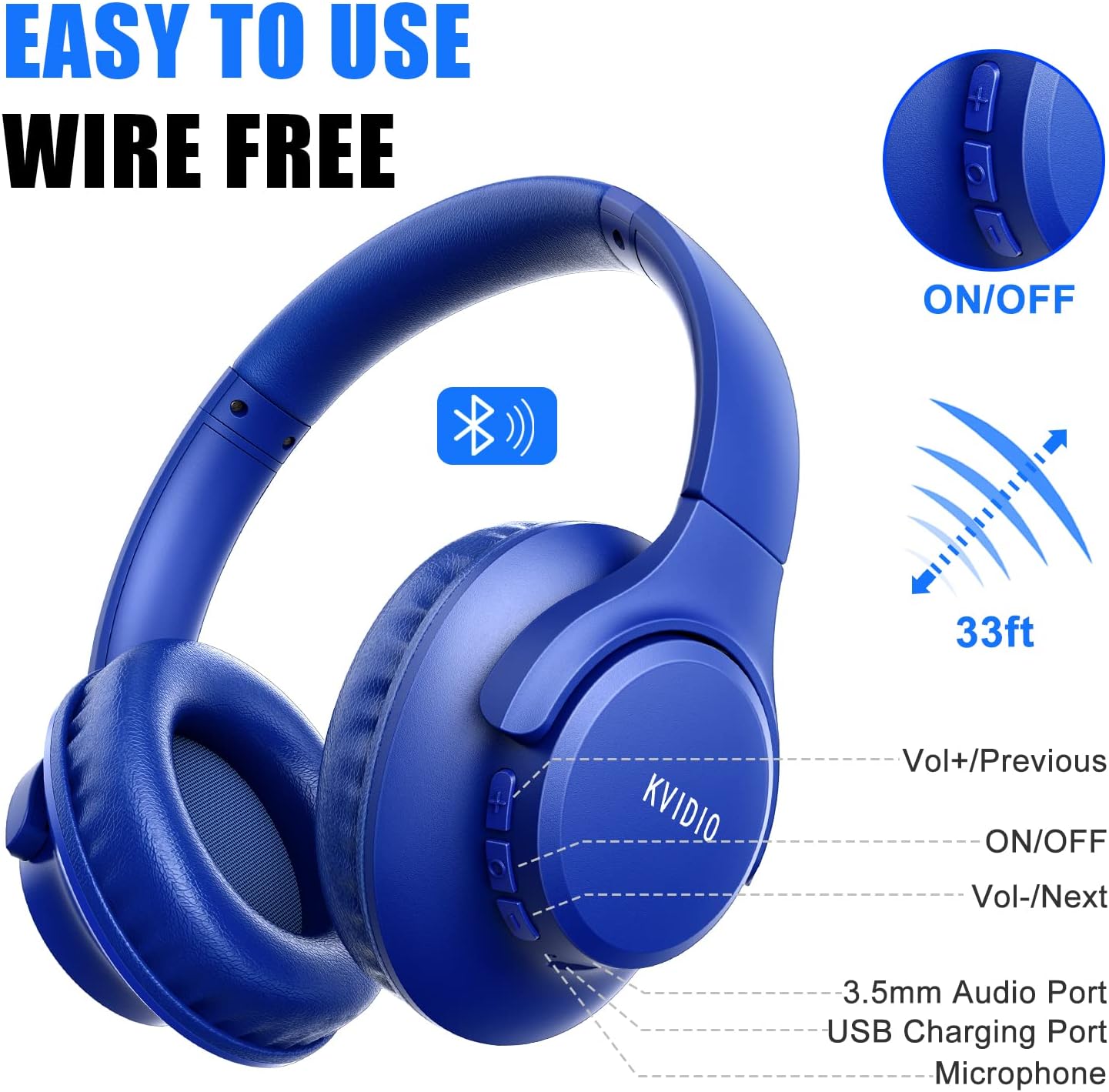 KVIDIO Auriculares Bluetooth sobre la oreja, 65 horas de reproducci...