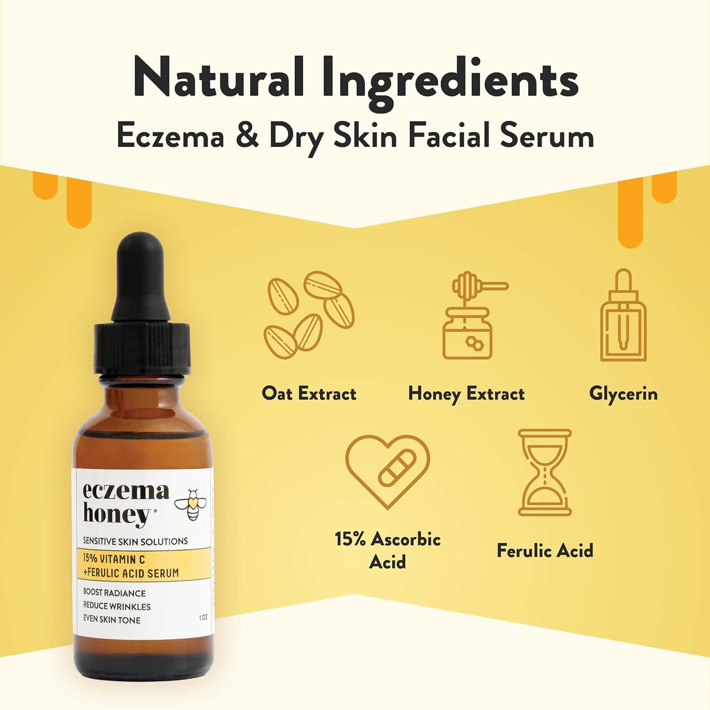ECZEMA HONEY 15% de vitamina C + suero de ácido ferúlico, productos antienvejecimiento para el cuidado de la piel, aceite facial para eczema, piel seca y sensible (1 onza)
