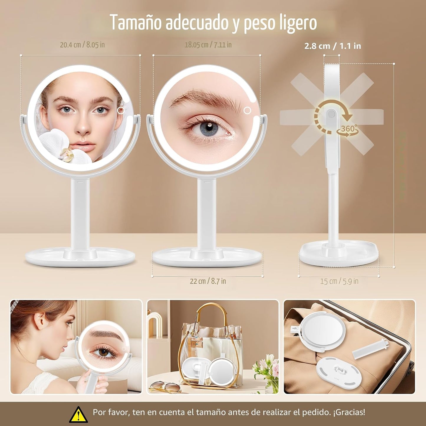 MOMOKUBA Espejo de maquillaje con luces, espejo de aumento de doble...