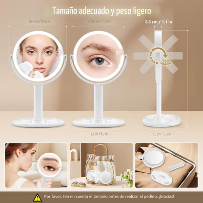 MOMOKUBA Espejo de maquillaje con luces, espejo de aumento de doble...