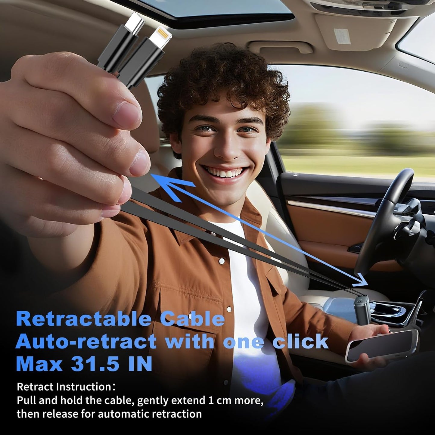 Cargador de coche retráctil, cargador de coche de 84 W USB C 4 en 1, accesorios de automóvil, adaptador de cargador de coche de carga rápida para iPhone 17 16 15 14 13 12 Pro Max, Samsung, Pixel |